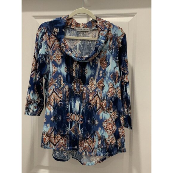 Absolutely Famous Top Large Women's Long Sleeve Cowl Neck  Blues Oranges - Picture 1 of 7